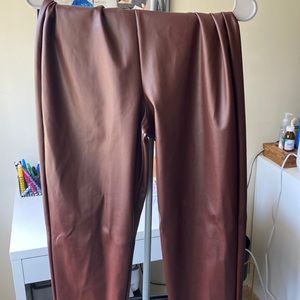 Brown Faux Leather Slit Pants